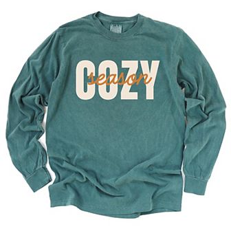 Cozy Season Layered Cursive - Women's Garment Dyed Long Sleeve Graphic T-Shirt
