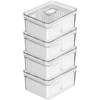 OU Clear Fridge Organizer Set, 4 Pack Stackable Produce Bins w Dual Removable Basket Drainer, 74.3oz