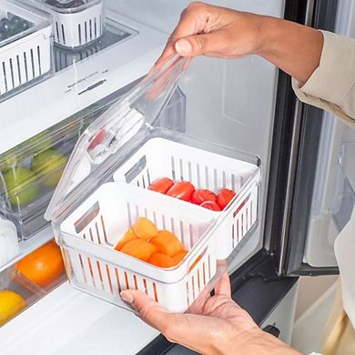 OU Clear Fridge Organizer Set, 4 Pack Stackable Produce Bins w Dual Removable Basket Drainer, 74.3oz