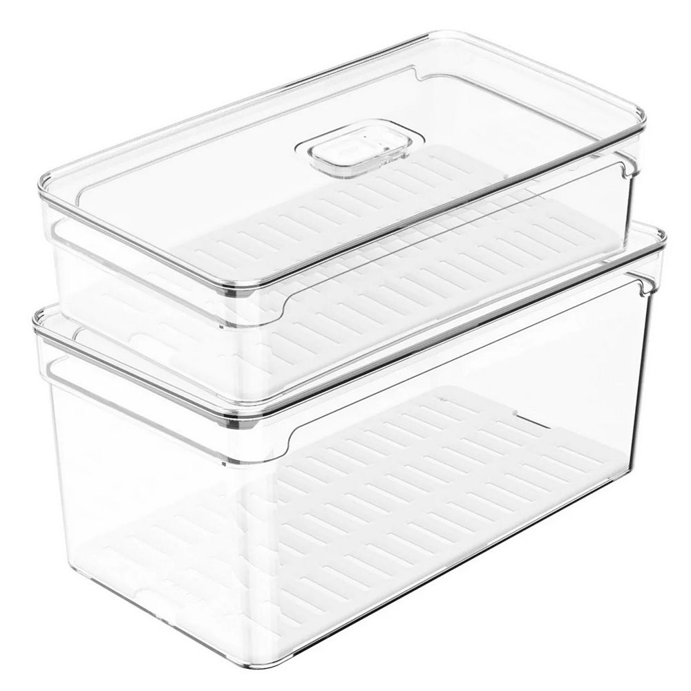 OU Fridge Food Organizer Bins w Vented Lid & Drain Tray, Stackable ...