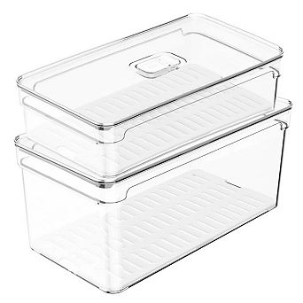 OU Fridge Food Organizer Bins w Vented Lid & Drain Tray, Stackable Refrigerator Storage Container