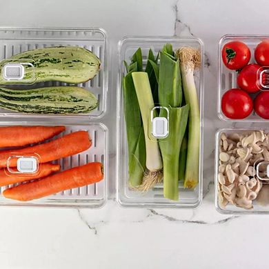 OU Fridge Food Organizer Bins w Vented Lid & Drain Tray, Stackable Refrigerator Storage Container