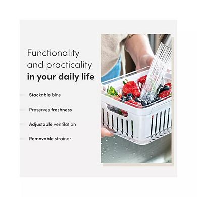 OU Fridge Food Organizer Bins w Vented Lid & Drain Tray, Stackable Refrigerator Storage Container