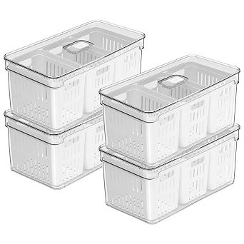 OU Fridge Organizer Bins with Drain Basket & Vented Lid, BPA Free Produce Kitchen Storage Container