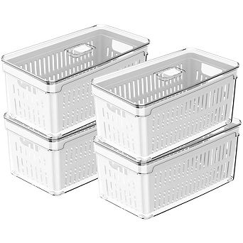 OU Fridge Organizer Bin w Drain Basket & Vented Lid, Stackable Produce Kitchen Storage Bin, 4 Pack