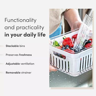 OU Fridge Organizer Bin w Drain Basket & Vented Lid, Stackable Produce Kitchen Storage Bin, 4 Pack