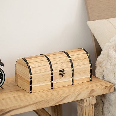 Vintiquewise Unfinished Vintage Wooden Treasure Chest Dome Top, Leather Bands, Studs & Front Latch