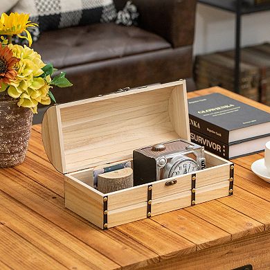 Vintiquewise Unfinished Vintage Wooden Treasure Chest Dome Top, Leather Bands, Studs & Front Latch