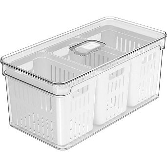 OU Fridge Organizer Bin w Drain Baskets & Vented Lid, 5.3-qt Clear Stackable Refrigerator Storage Bin