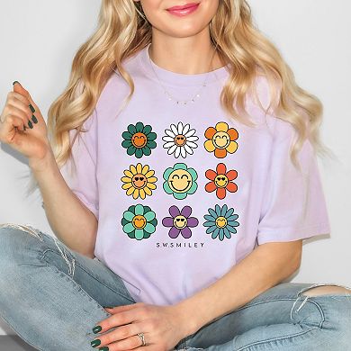 S.W.Smiley Flowers Stacked - Women's Garment Dyed Graphic T-Shirt