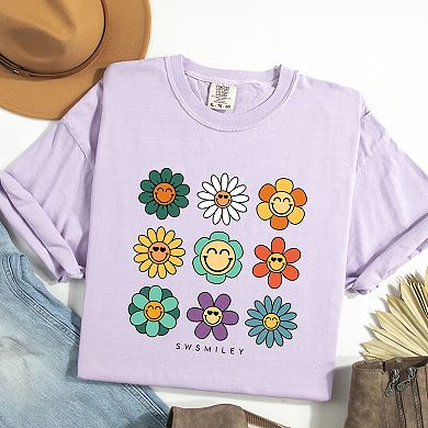 S.W.Smiley Flowers Stacked - Women's Garment Dyed Graphic T-Shirt