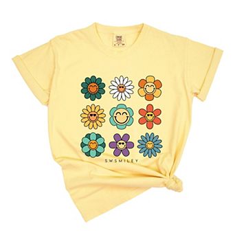 S.W.Smiley Flowers Stacked - Women's Garment Dyed Graphic T-Shirt