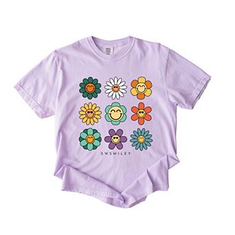 S.W.Smiley Flowers Stacked - Women's Garment Dyed Graphic T-Shirt