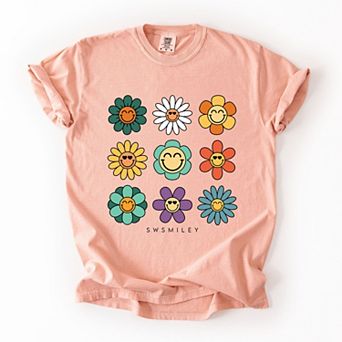 S.W.Smiley Flowers Stacked - Women's Garment Dyed Graphic T-Shirt