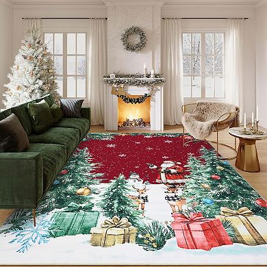 Christmas Rug Snowflake Machine Washable Rug with Rubber Backing Stain-Resistant Xmas Carpet
