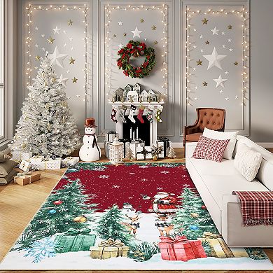 Christmas Rug Snowflake Machine Washable Rug with Rubber Backing Stain-Resistant Xmas Carpet