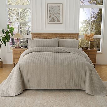 Cotton Herringbone Stripe Quilt Set with Shams, Natural, 100% Cotton Fill