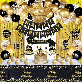 Black & Gold Birthday Decorations with Hanging Swirls, Curtains, Tablecloths, and Cake Toppers