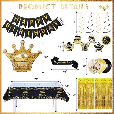 Black & Gold Birthday Decorations with Hanging Swirls, Curtains, Tablecloths, and Cake Toppers
