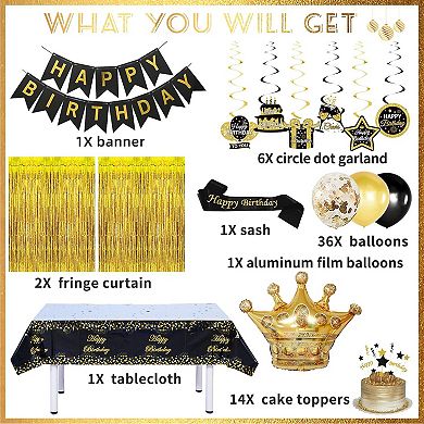 Black & Gold Birthday Decorations with Hanging Swirls, Curtains, Tablecloths, and Cake Toppers