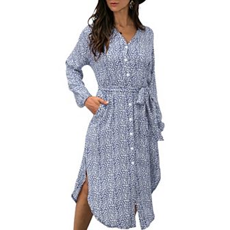 Women's Long Sleeve Button Front Midi Dress with Waist Tie and Side Slit