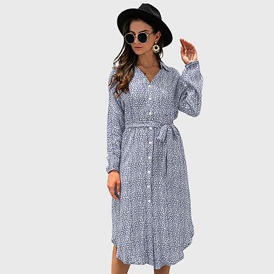 Women's Long Sleeve Button Front Midi Dress with Waist Tie and Side Slit