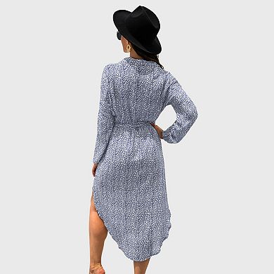 Women's Long Sleeve Button Front Midi Dress with Waist Tie and Side Slit