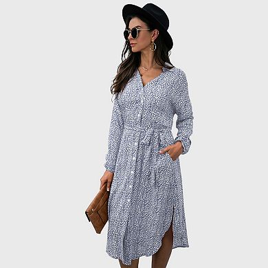 Women's Long Sleeve Button Front Midi Dress with Waist Tie and Side Slit