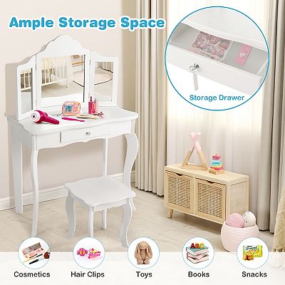 Costway Kids Vanity Table & Stool Princess Dressing Make Up Play Set for  Girls White/Pink