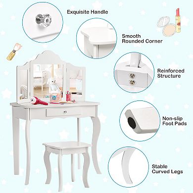 Costway Kids Vanity Table & Stool Princess Dressing Make Up Play Set for Girls White/Pink
