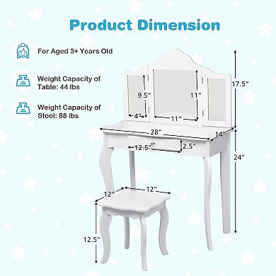 Costway Kids Vanity Table & Stool Princess Dressing Make Up Play Set for Girls White/Pink