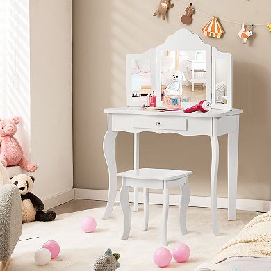 Costway Kids Vanity Table & Stool Princess Dressing Make Up Play Set for Girls White/Pink