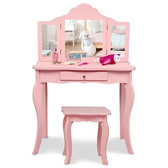 Costway Kids Vanity Table & Stool Princess Dressing Make Up Play Set for Girls White/Pink
