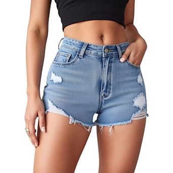 Women's High Waist Distressed Denim Shorts with Raw Hem