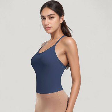 Women's Strappy Crisscross Back Athletic Tank Top with Built-In Shelf Bra