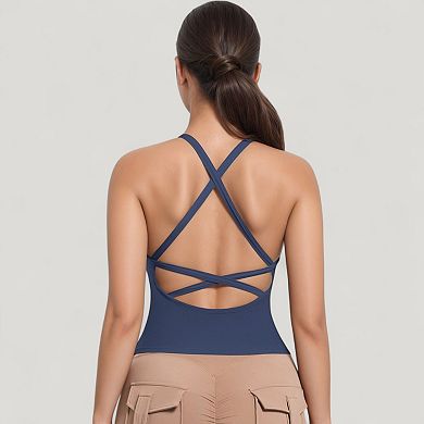 Women's Strappy Crisscross Back Athletic Tank Top with Built-In Shelf Bra