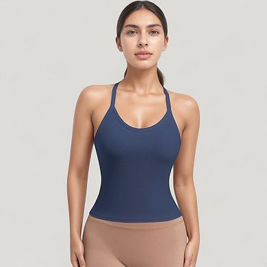 Women's Strappy Crisscross Back Athletic Tank Top with Built-In Shelf Bra