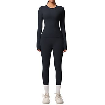 Women's Long Sleeve Crew Neck Top and High Waist Leggings Set with Slim Fit Design