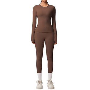 Women's Long Sleeve Crew Neck Top and High Waist Leggings Set with Slim Fit Design