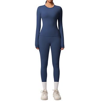 Women's Long Sleeve Crew Neck Top and High Waist Leggings Set with Slim Fit Design