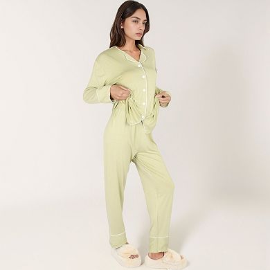 Women's Long Sleeve Button Front Pajama Set with Contrast Piping Trim