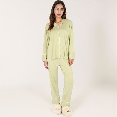 Women's Long Sleeve Button Front Pajama Set with Contrast Piping Trim