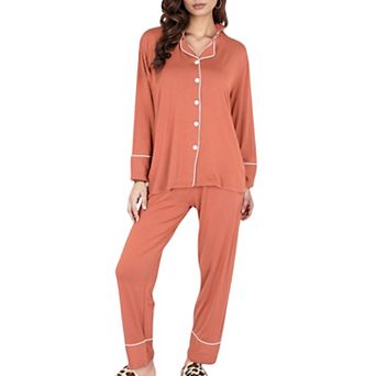 Women's Long Sleeve Button Front Pajama Set with Contrast Piping Trim