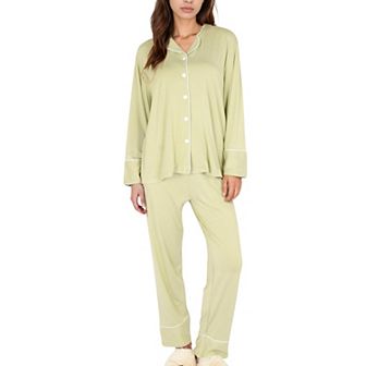 Women's Long Sleeve Button Front Pajama Set with Contrast Piping Trim