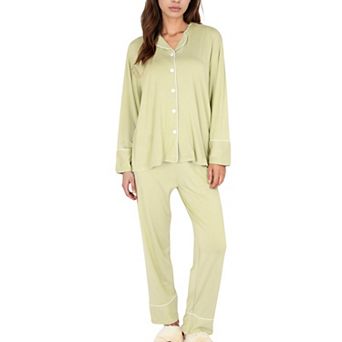 Women's Long Sleeve Button Front Pajama Set with Contrast Piping Trim