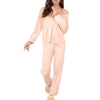 Women's Long Sleeve Button Front Pajama Set with Contrast Piping Trim