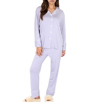 Women's Long Sleeve Button Front Pajama Set with Contrast Piping Trim