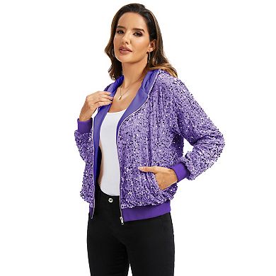 Women's Hooded Sequin Jacket with Front Zipper Closure and Ribbed Trim