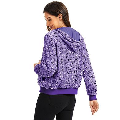Women's Hooded Sequin Jacket with Front Zipper Closure and Ribbed Trim