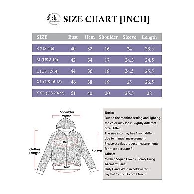 Women's Hooded Sequin Jacket with Front Zipper Closure and Ribbed Trim